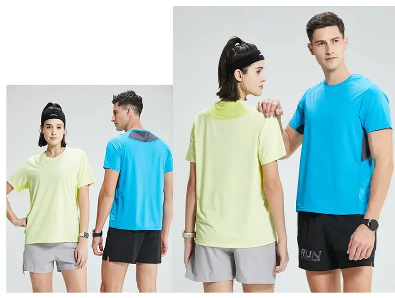 Men's Bodybuilding T-Shirt Elastic Quick Dry Sport Tops Athletic Gym Workout Short Sleeves Women's Yoga Tee Running Clothes