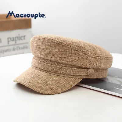 Women's Hat Flat Cap Military Cap Spring Autumn Linen Octagonal Cap Solid Color Flat Top Military Hats Young Student Hat Female