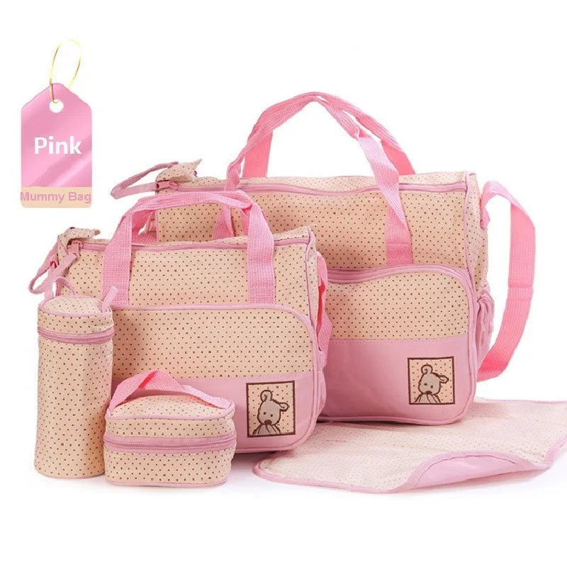 5Pcs/Set Fashion Diaper Bag Mummy Stroller Bag Large Capacity Handbag Nappy Changing Pad for Baby Care with 8 Colors