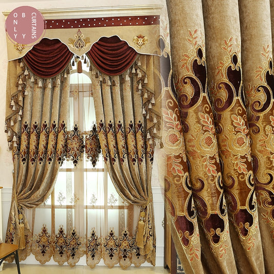 European Luxury Embroidered Curtains for The Living Room Curtains for Bedroom Brown Tulle Windows Blackout Backdrop Valance