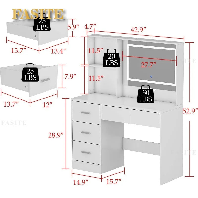 White Makeup Vanity Desk with 15 Light Bulbs & 3 Mirrors, Modern Vanity Table Dressing Table with 9 Drawers