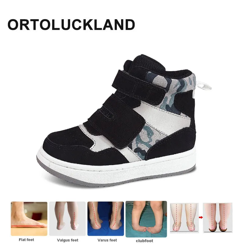 Ortoluckland Children Shoes Girls Genuine Leather Boots Kids Toddler Boys Black White Sneaker Spring Orthopedic Casual Footwear