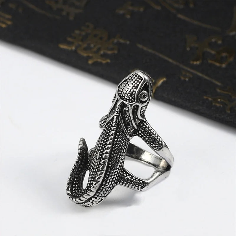 2Pcs/Set Mens Punk Ring Stainless Steel Lizard Crocodile Personality Hip Hop Street Fashion Jewelry Size 8-11