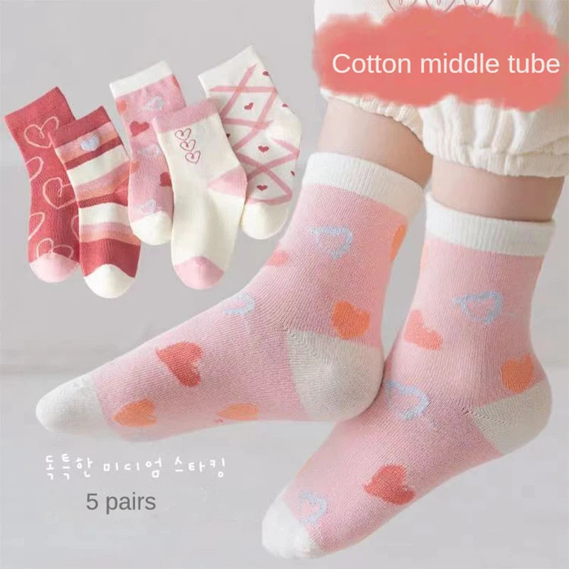 5Pairs Children Socks Autumn and Winter Boys Mid Length Socks Cotton Girls Cartoon Socks Soft and Comfortable Kid Socks