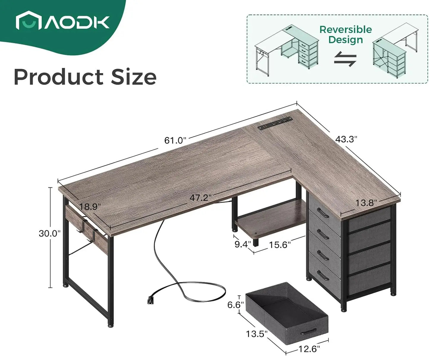 AODK L Shaped Desk with 4 Tier Drawers, 61" Reversible Gaming Desk with Power Outlets, L Shaped Computer Desk with USB Charging