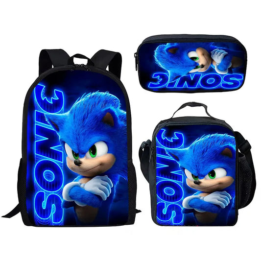 Three-piece School Bag 3D New Sonic Sonic Primary and Secondary School Students Backpack Lunch Bag Pencil Case  Zipper Backpack