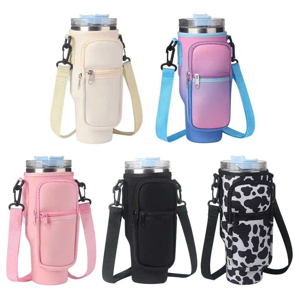 Adjustable Strap Water Bottle Carrier Bag Pouch with Pocket 40oz Tumbler Cup Holder with Zipper Phone Pocket for Stanley Cup