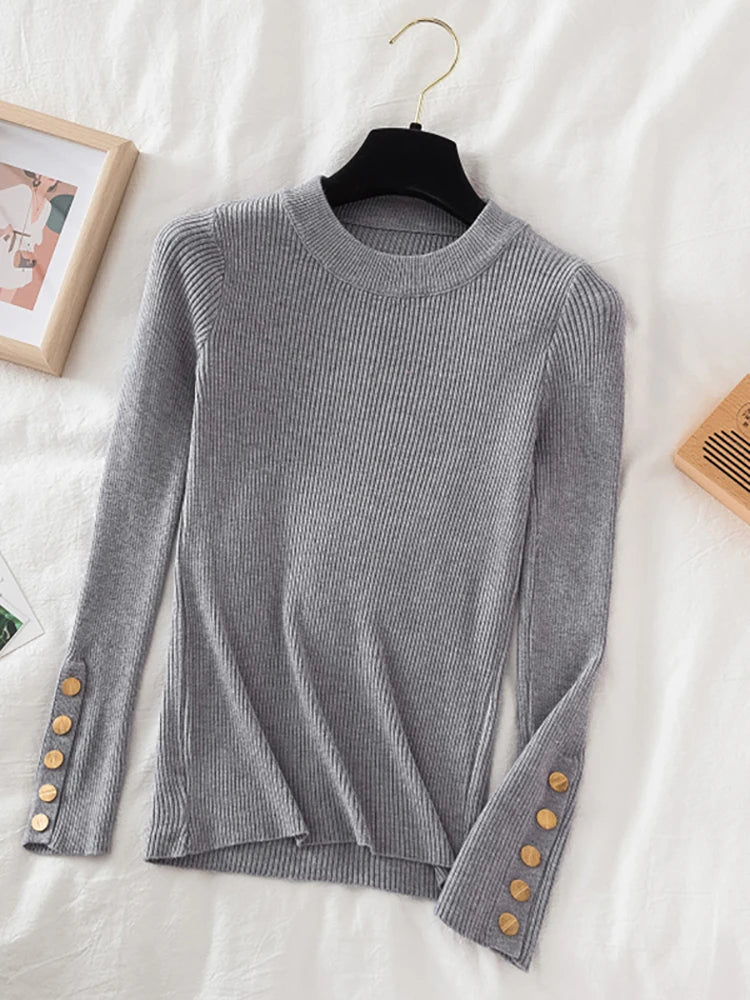 Turtleneck Button O-neck Chic Sweater Women Autumn Winter Slim Knitted Top Soft Jumper Casual Thick Sweater Pullovers Streetwear