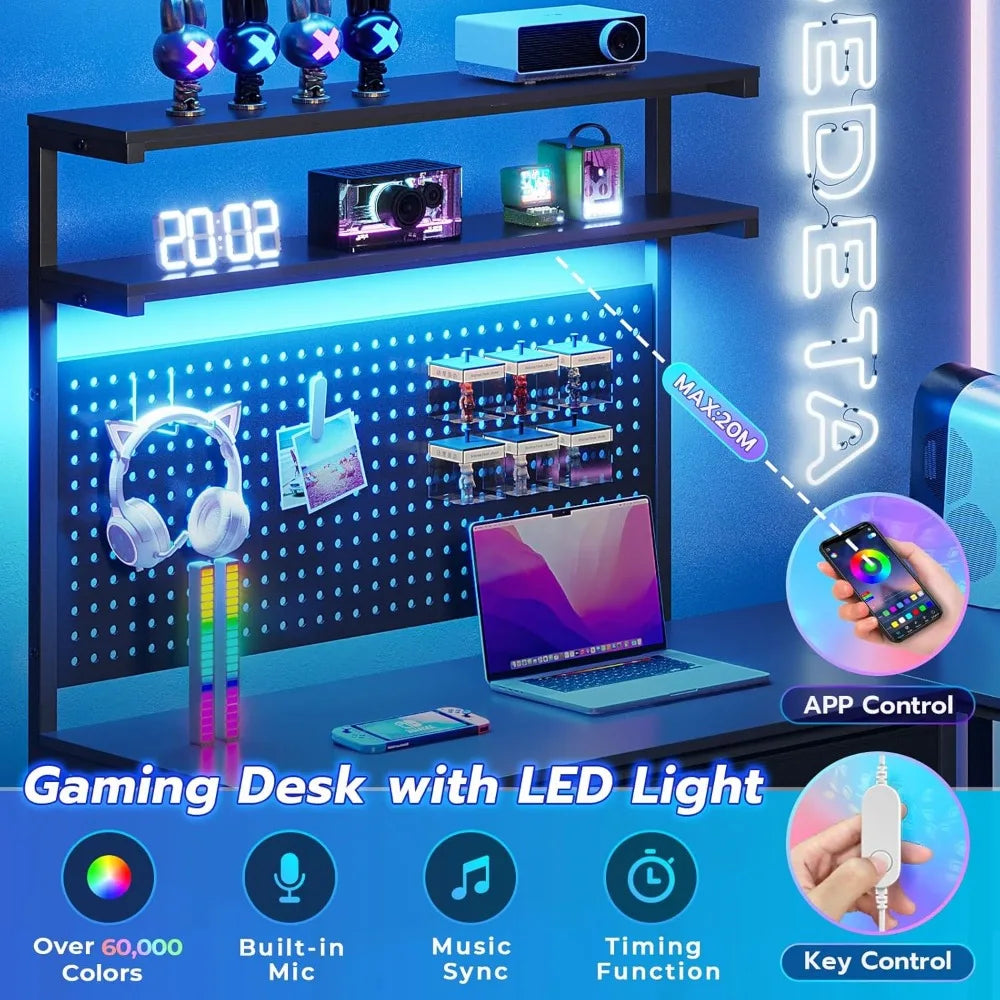 SEDETA L Shaped Gaming Desk with LED Lights, Pegboard and Drawers, Gaming with Hutch, Computer with Monitor Stand,