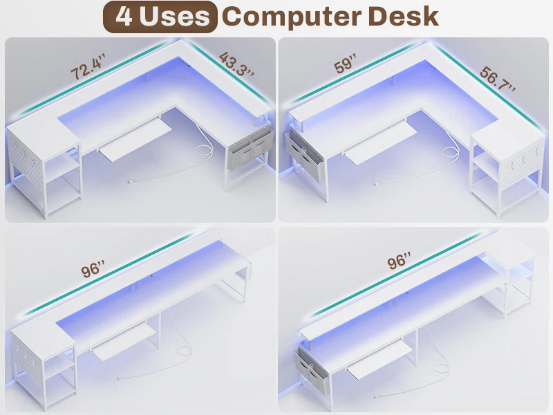 SEDETA L Shaped Gaming Desk, Reversible Home Office Desk or Corner Desk, Gaming Desk with Power Outlets & LED Strip, Monitor