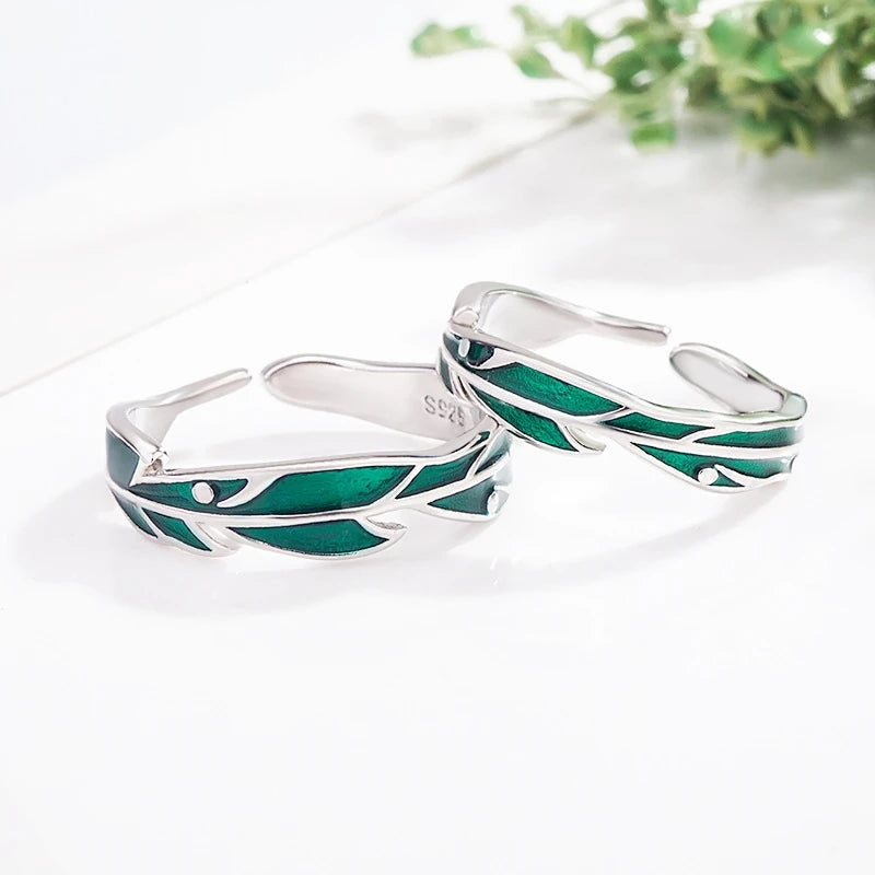 Sole Memory Rainforest Plantain Leaves Green Cool Sweet Romantic Silver Color Female Resizable Opening Rings SRI414