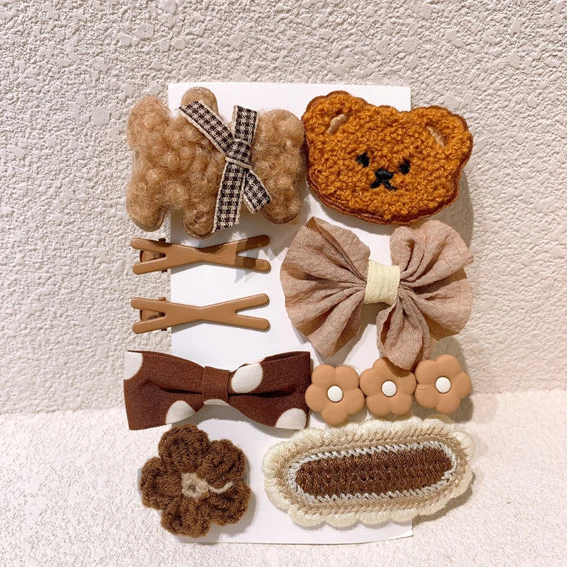 9Pcs/Set Cartoon Baby Girl Hair Clips Cute Bear Children Hairpin Bowknot Knitted Flower Kids Barretees Baby Hair Accessories