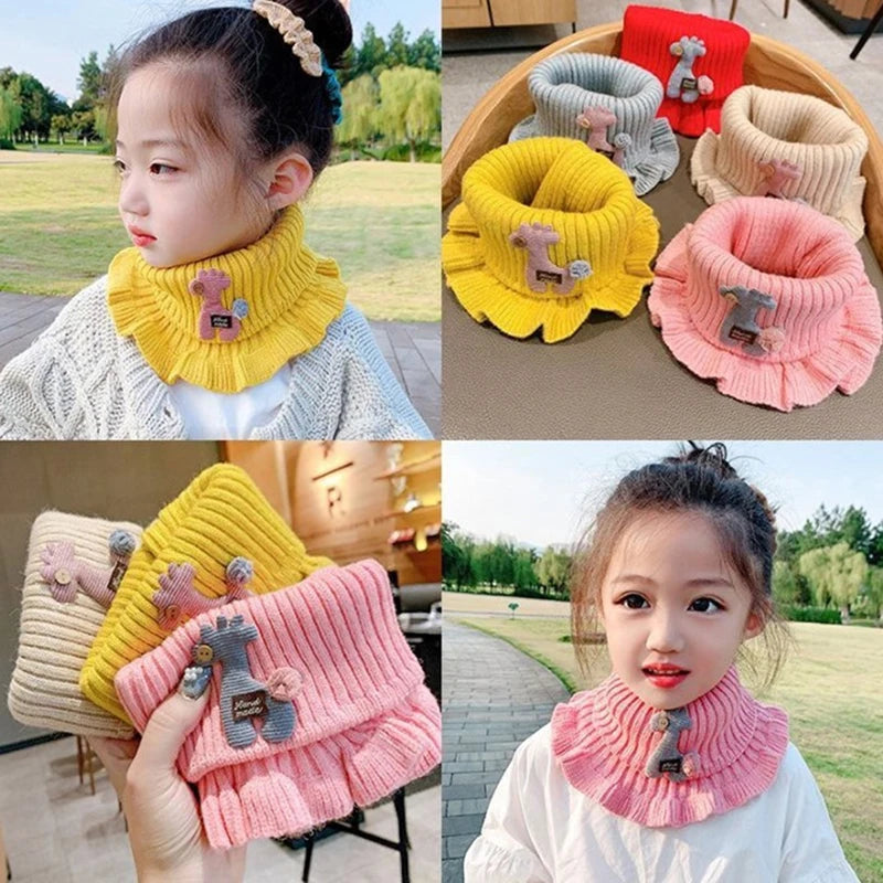 Baby Cartoon Giraffe Knit Scarfs Autumn Winter Outdoor Windproof Warm Thick Scarf Children Flanged Shawl False Collar Neck Sets