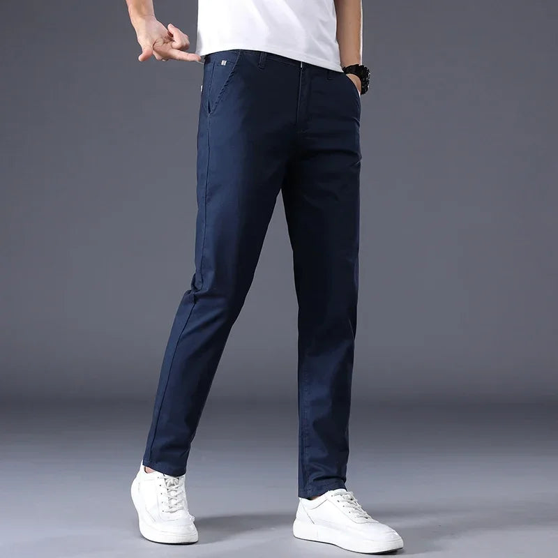 2023 New Summer Casual Pants Men 98%Cotton Solid Color Business Fashion Slim Fit Stretch Gray Thin Trousers Male Brand Clothing