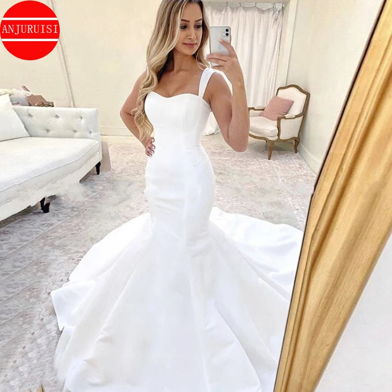 Simple Mermaid Wedding Dresses For Women 2022 Bride Gowns Spaghetti Straps Satin Lace Up Back Vestidos De Novia Suknia Ślubna