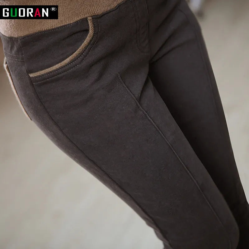 Winter warm women stretch high elastic waist casual cotton pants clothe S-4XL thick fleece ladies patchwork pencil pants