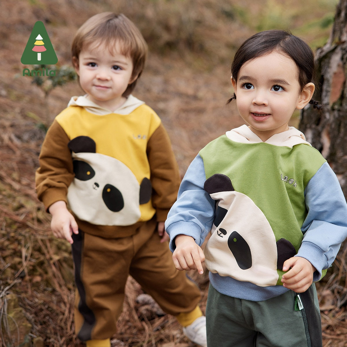 Amila Baby Clothing  2023 Autumn Panda Pattern Cotton Rib Shrink Cuffs New Fashion Printing Two Pieces Suit For Boy Girls Outifs