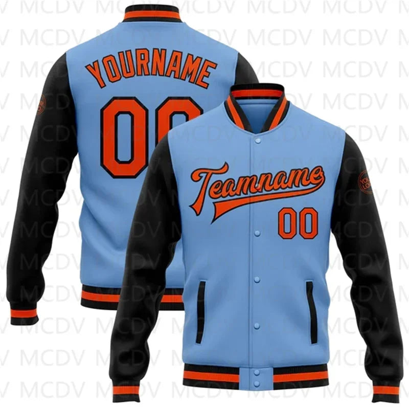 Custom Light Blue Gold-Black Bomber Full-Snap Varsity Letterman Two Tone Jacket