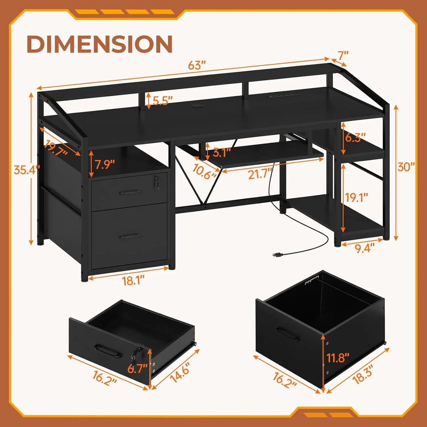 SEDETA 63" Computer Desk, Office Desk with Lockable Drawers for Legal/Letter File, Gaming Desk with LED Lights & Power Outlet,