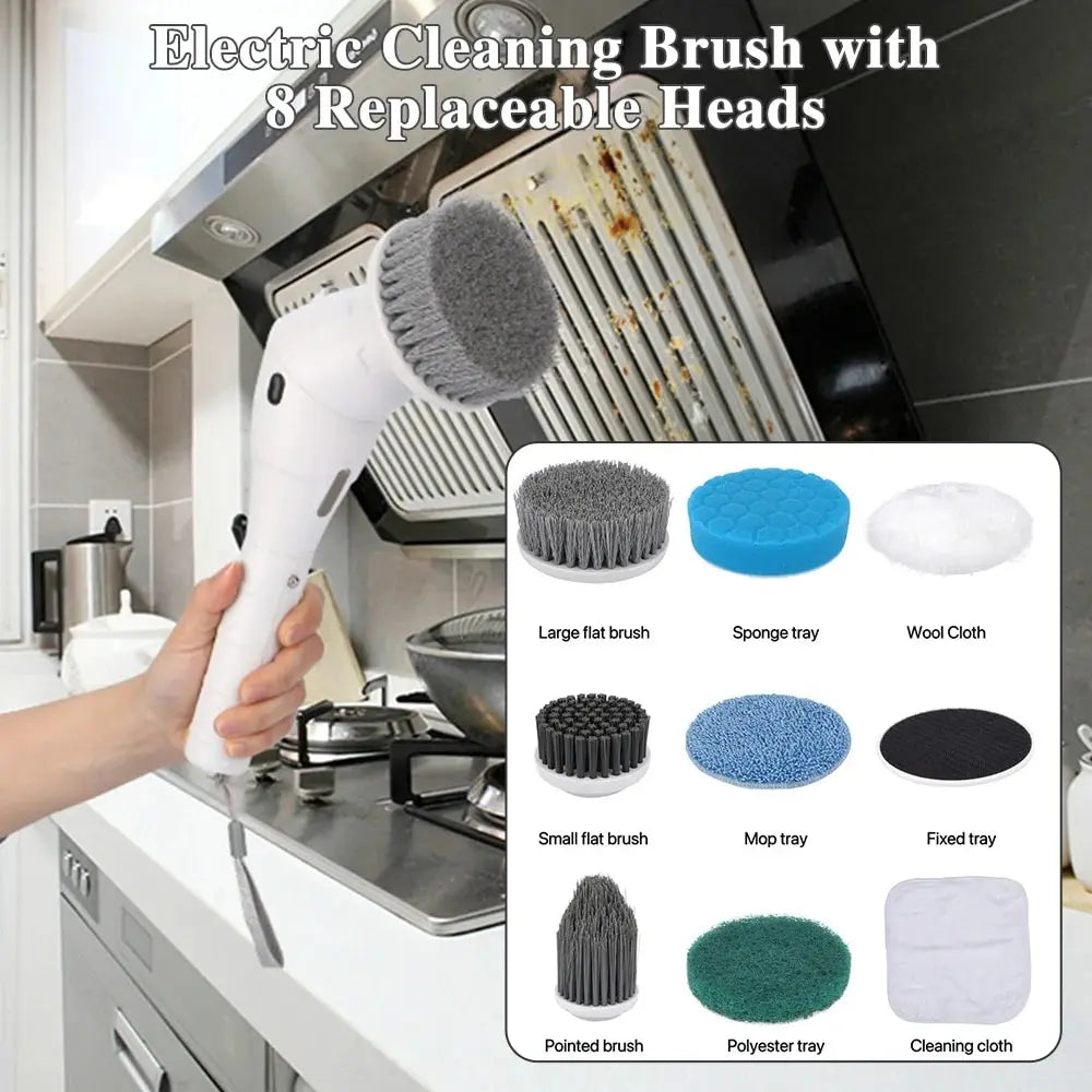 8 In 1 Household Electric Cleaning Brush Power Spin Scrubber LCD Screen LED Light For Kitchen Bathroom Toilet Cleaning Tool