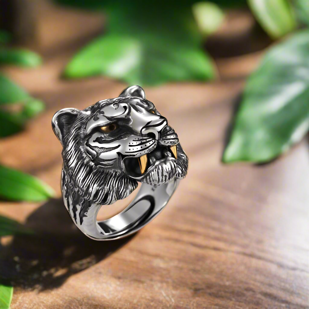 2021 Retro Punk Personality Tiger Head Ring for Men Stainless Steel Good Detail Animal Hip Hop Creative Jewelry for Men