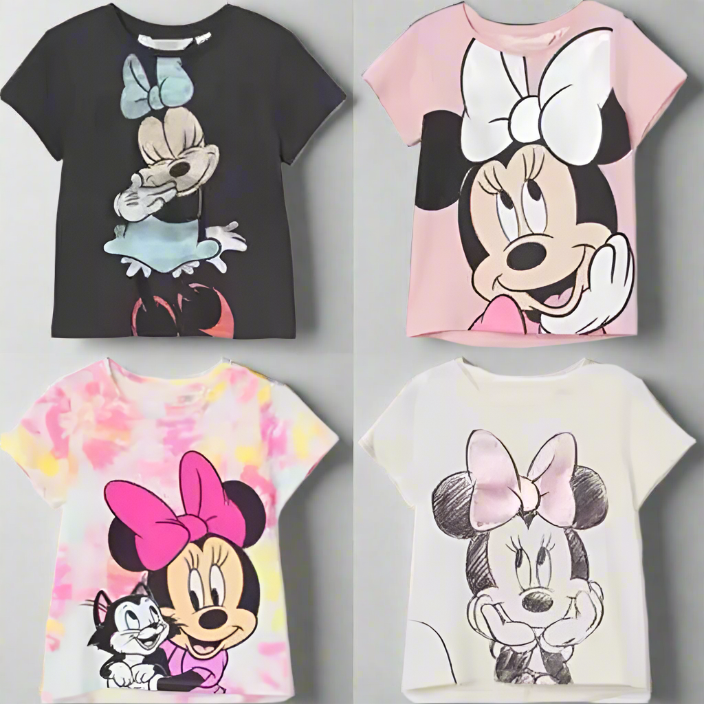 Minnie Printing T-shirt Babies Girls O-neck Bottoming Shirt Fashion Simple Cute Short Sleeve Tops Child Cartoon Clothes