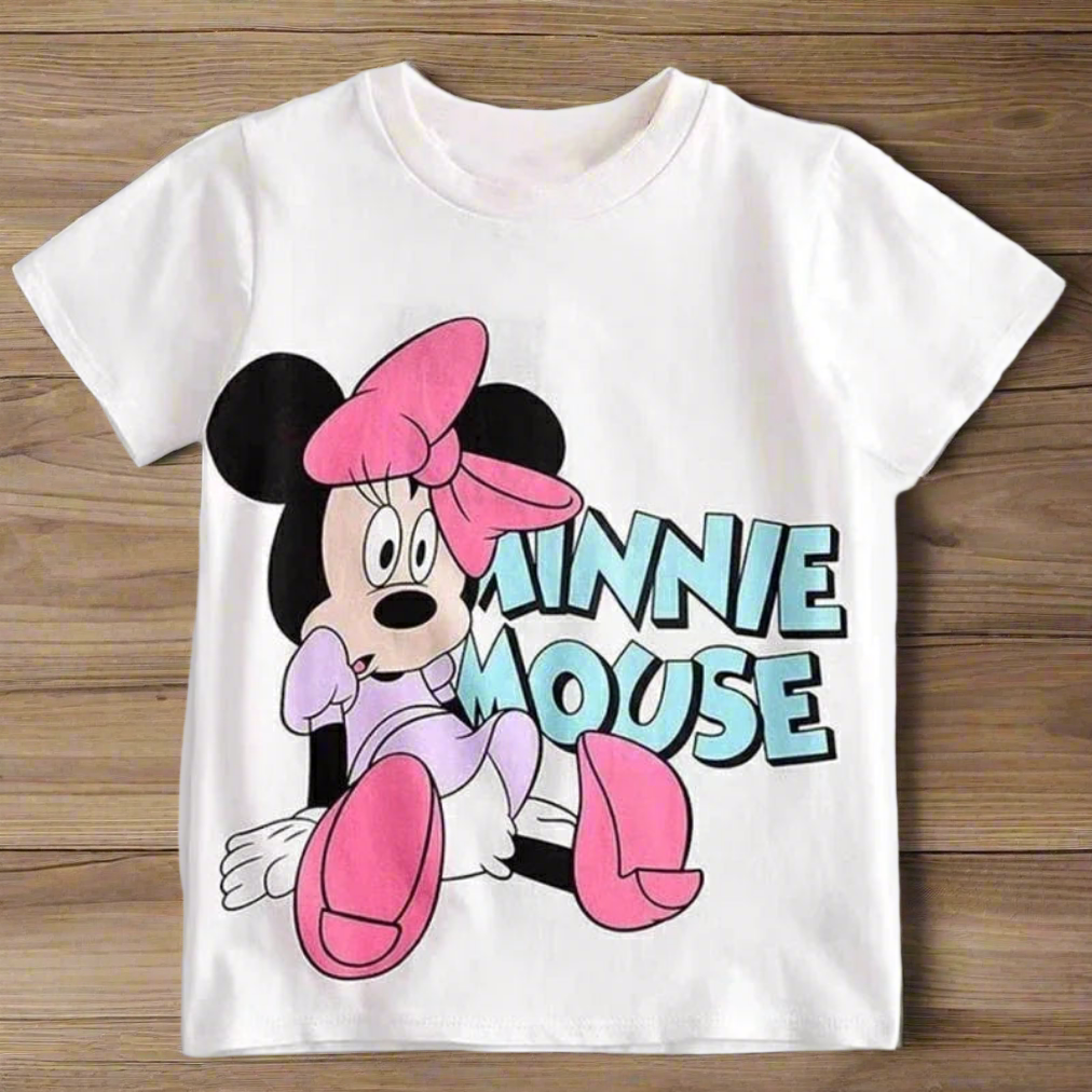 Minnie Printing T-shirt Babies Girls O-neck Bottoming Shirt Fashion Simple Cute Short Sleeve Tops Child Cartoon Clothes